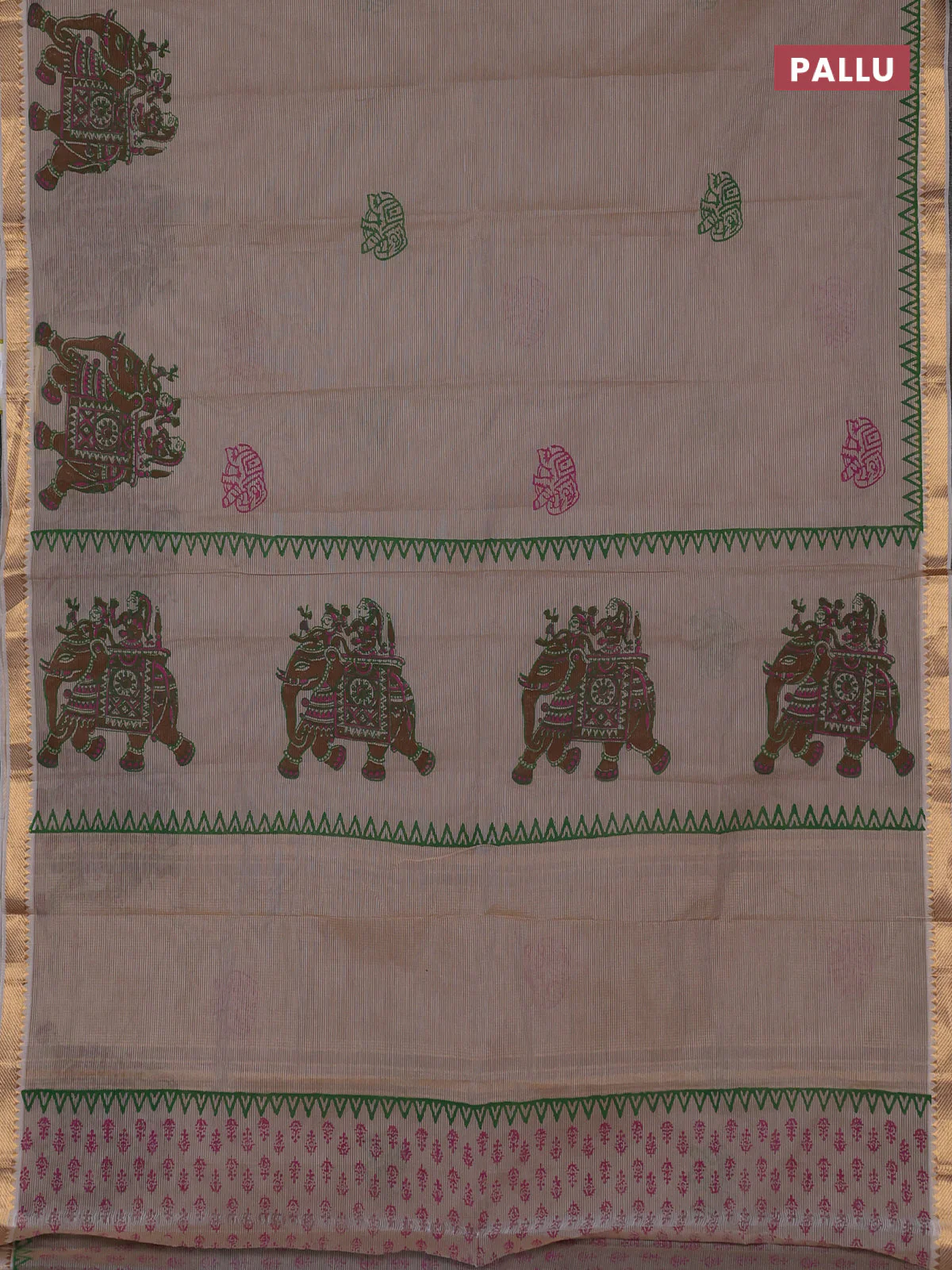 Mangalagiri cotton block printed saree beige with elephant butta prints and mangalgiri border - Image 3