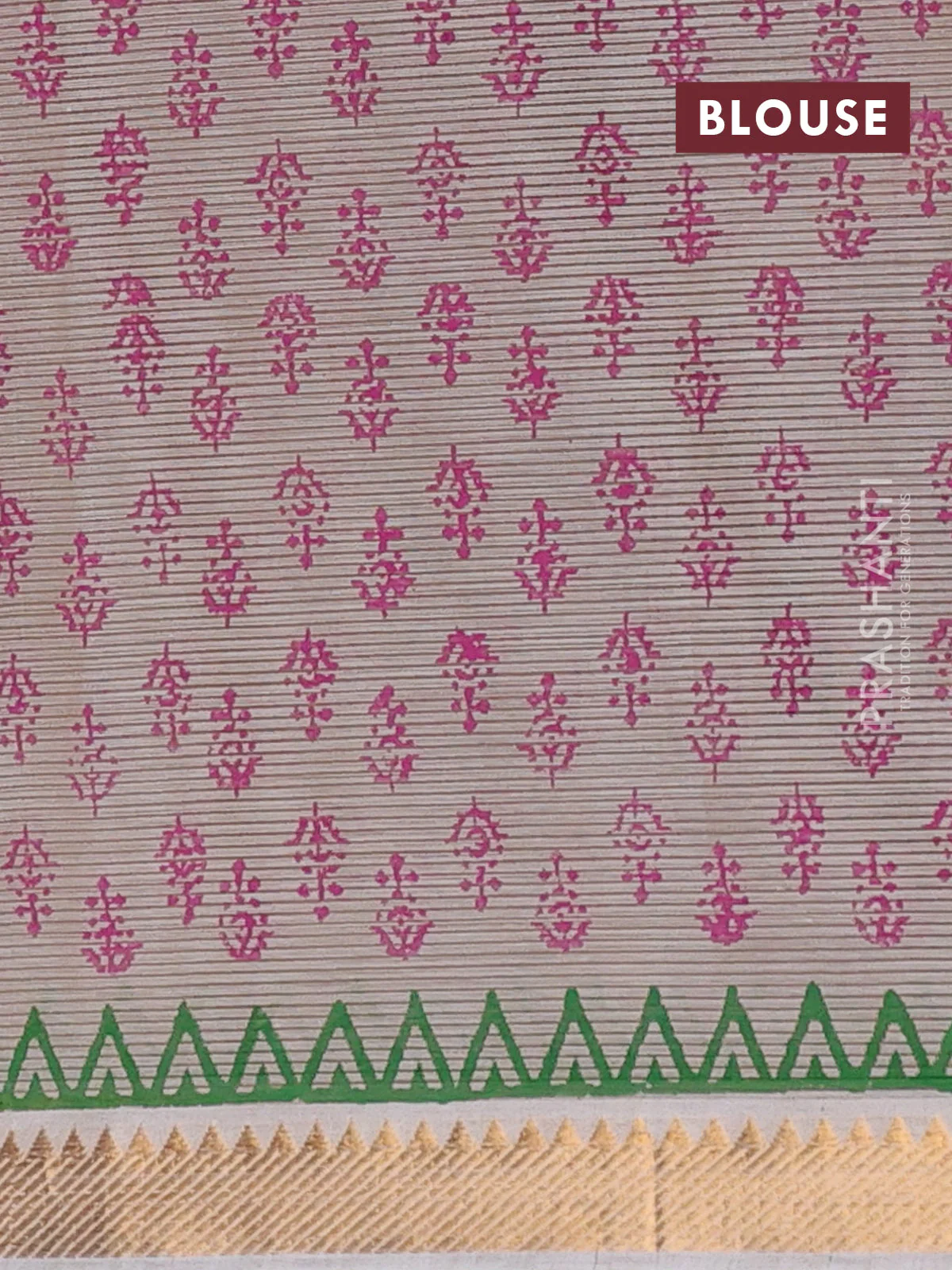 Mangalagiri cotton block printed saree beige with elephant butta prints and mangalgiri border - Image 4