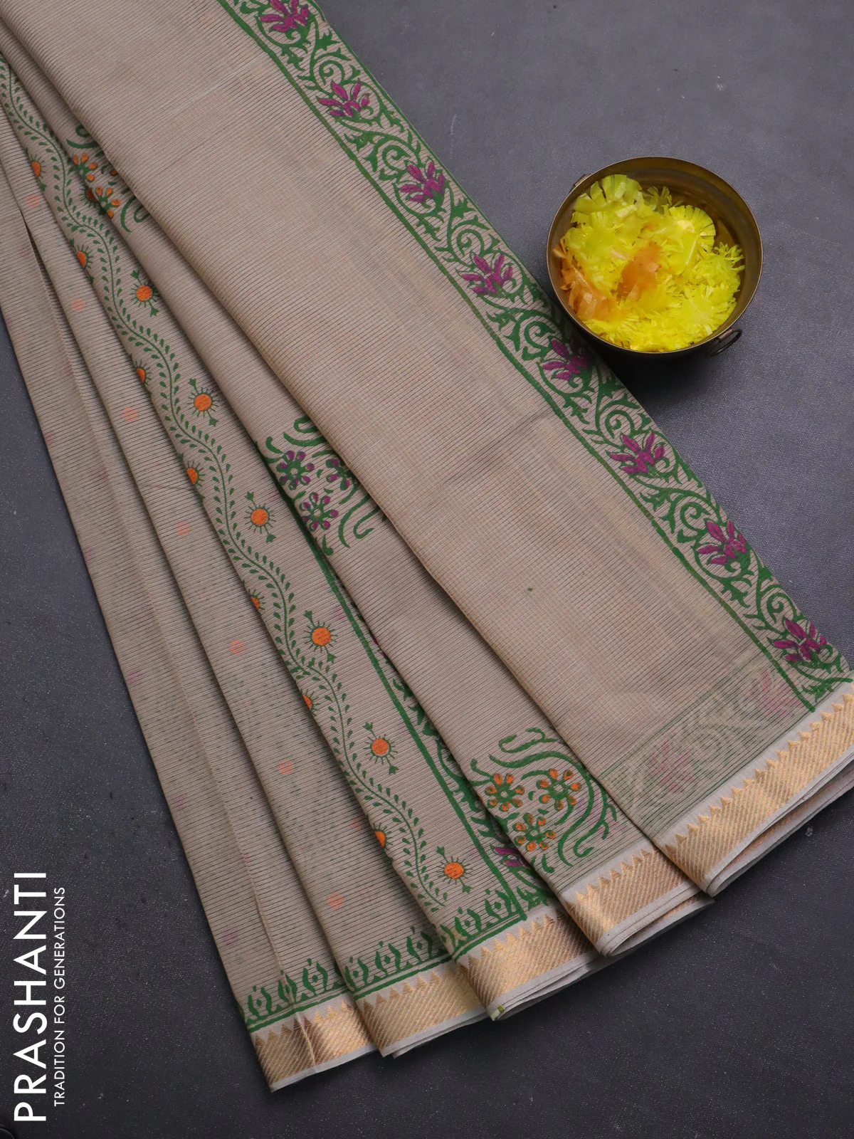 Mangalagiri cotton block printed saree beige with prints and mangalgiri border