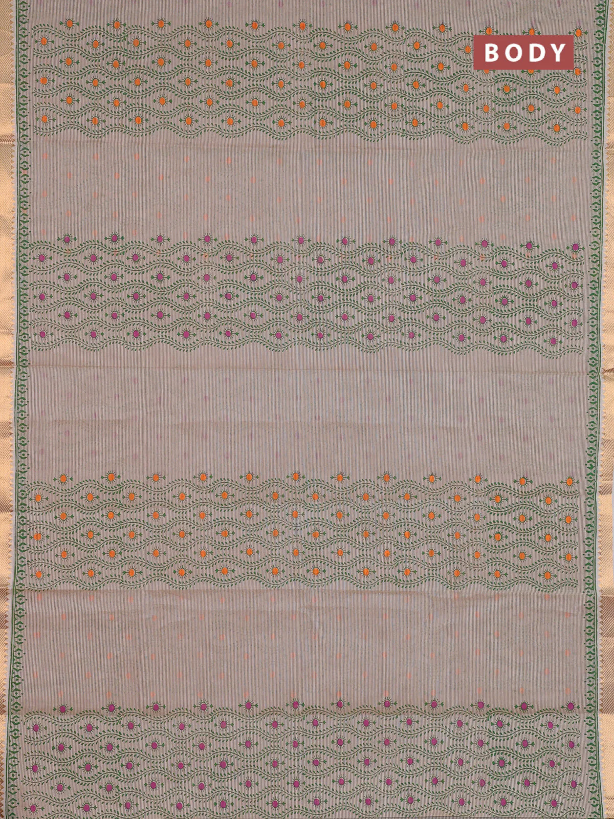 Mangalagiri cotton block printed saree beige with prints and mangalgiri border - Image 2