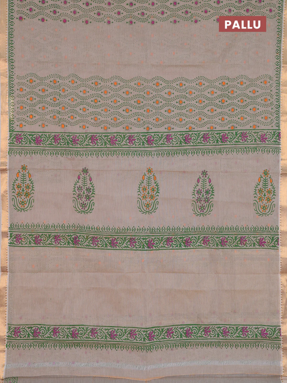 Mangalagiri cotton block printed saree beige with prints and mangalgiri border - Image 3