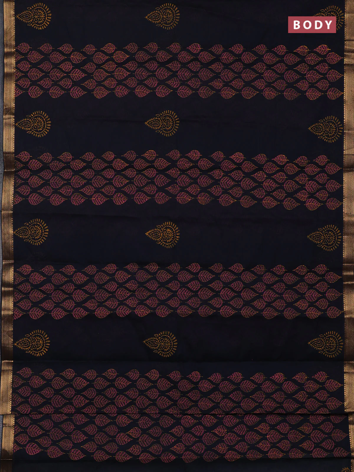 Mangalagiri cotton block printed saree black with allover leaf butta prints and mangalgiri border - Image 2