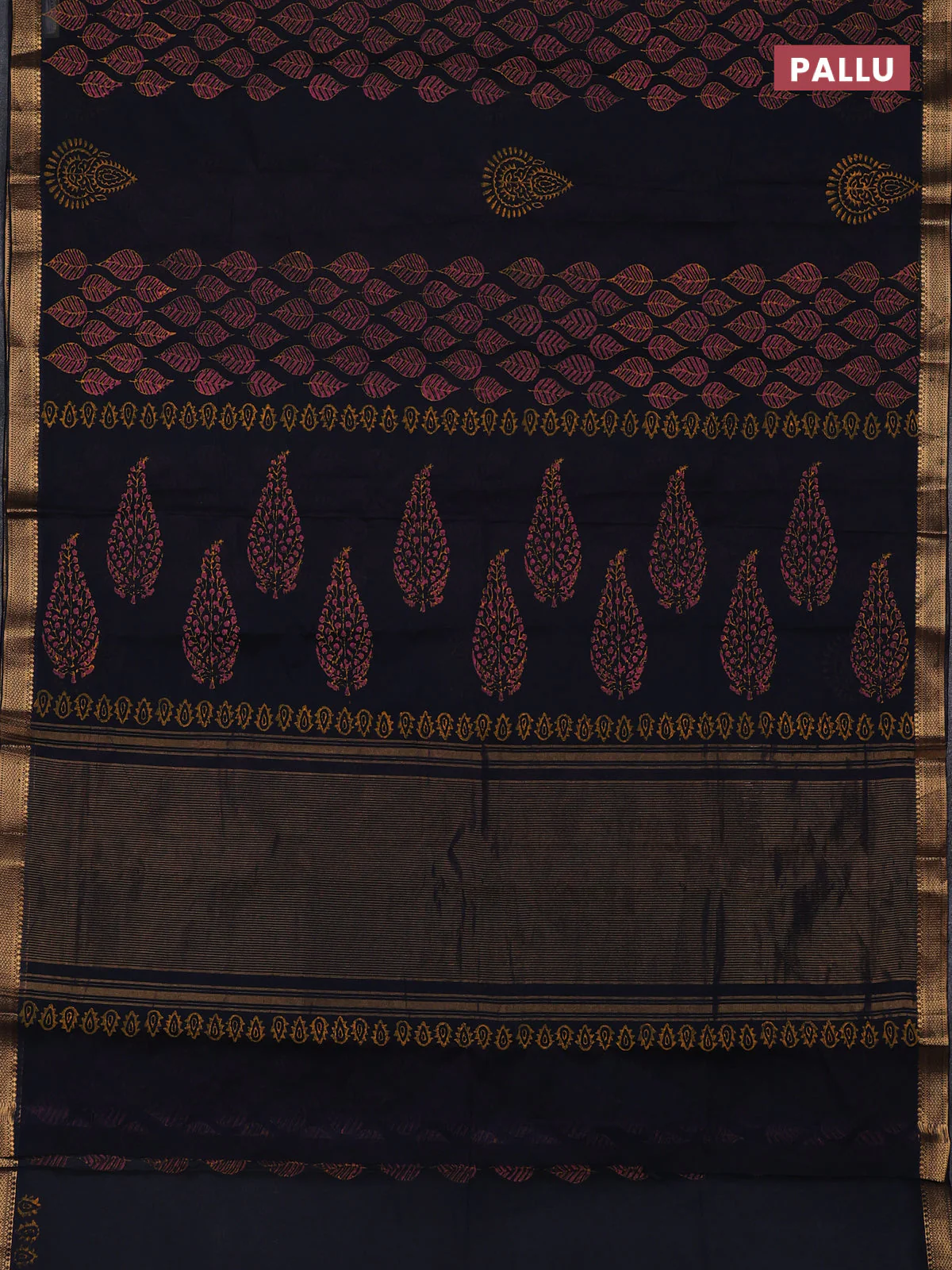 Mangalagiri cotton block printed saree black with allover leaf butta prints and mangalgiri border - Image 3