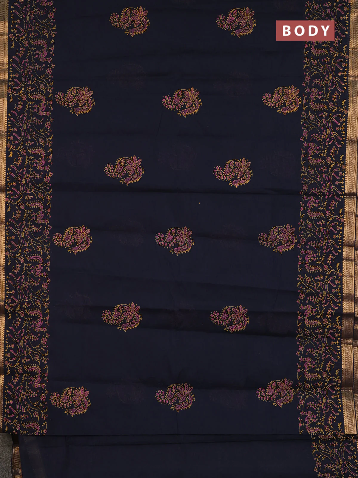 Mangalagiri cotton block printed saree black with allover prints and mangalgiri border - Image 2