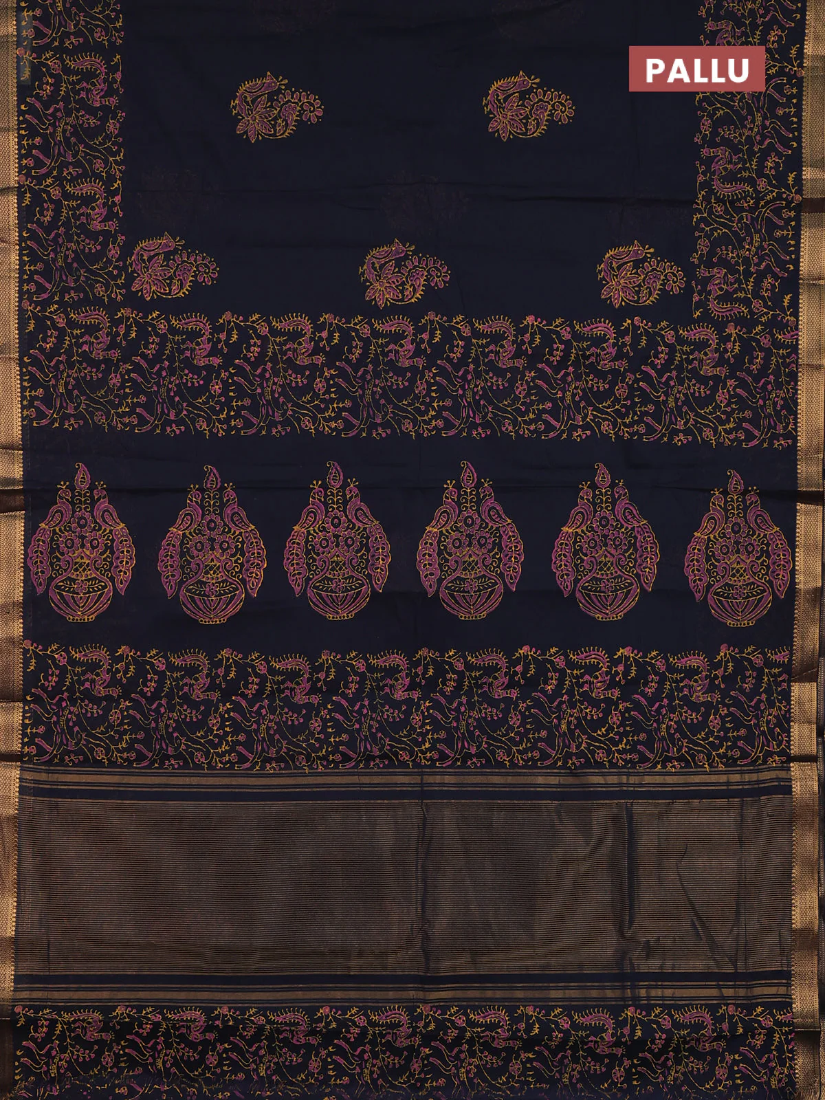 Mangalagiri cotton block printed saree black with allover prints and mangalgiri border - Image 3