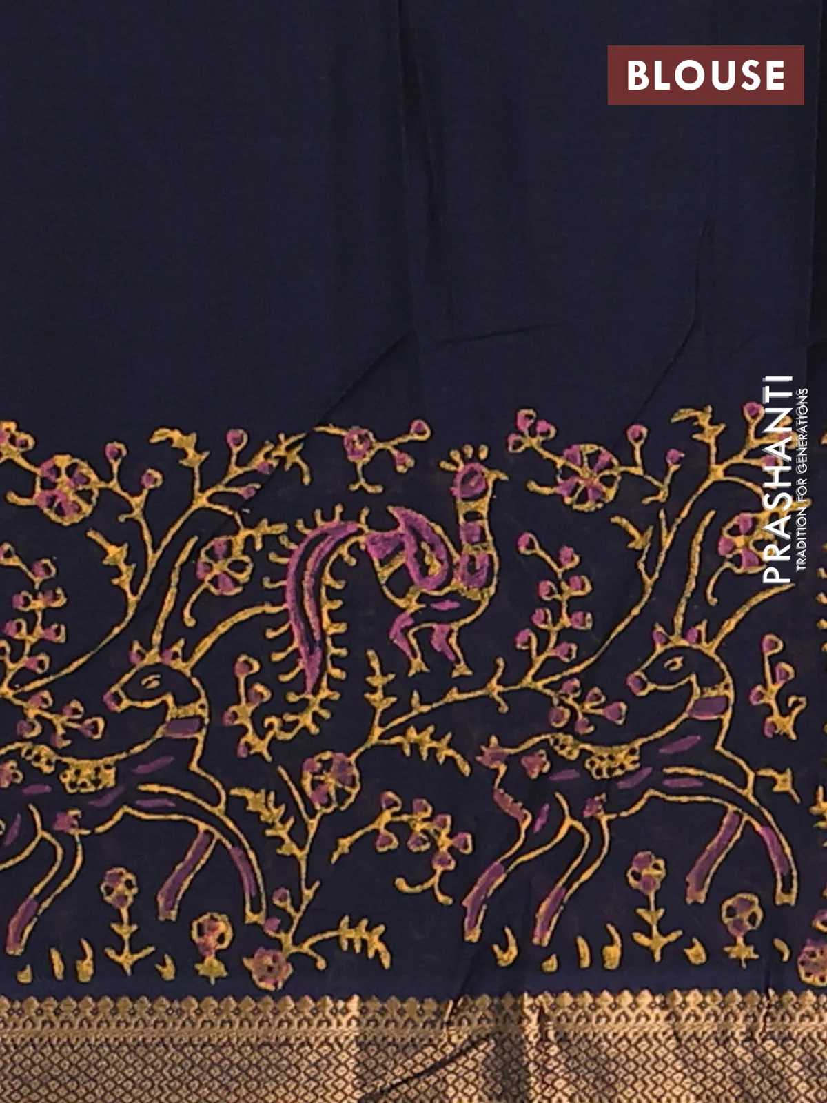 Mangalagiri cotton block printed saree black with allover prints and mangalgiri border - Image 4