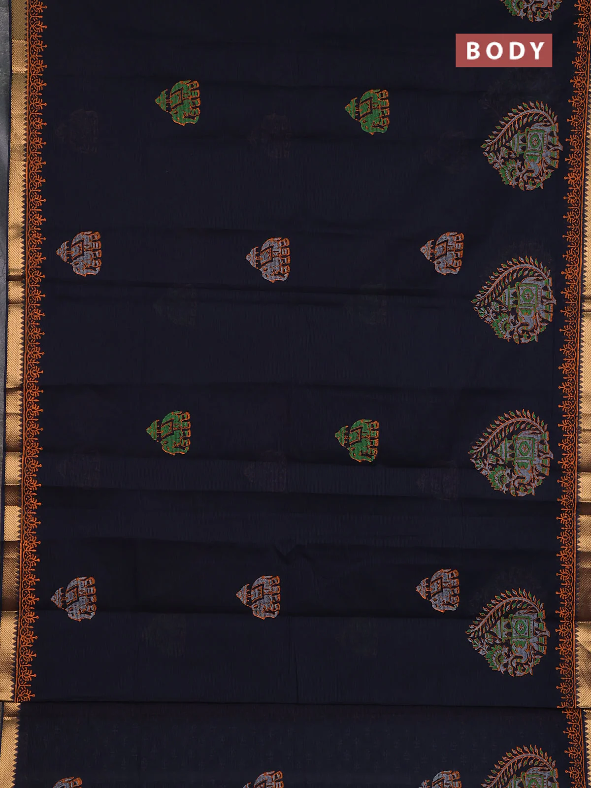 Mangalagiri cotton block printed saree black with butta prints and mangalgiri border - Image 2