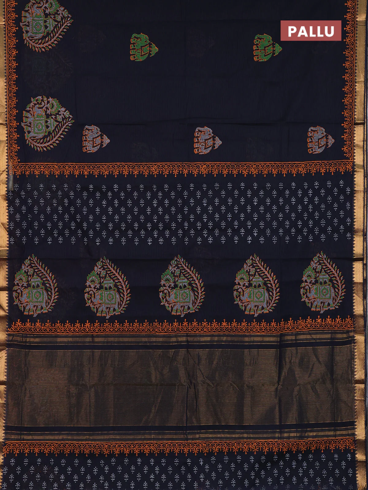 Mangalagiri cotton block printed saree black with butta prints and mangalgiri border - Image 3
