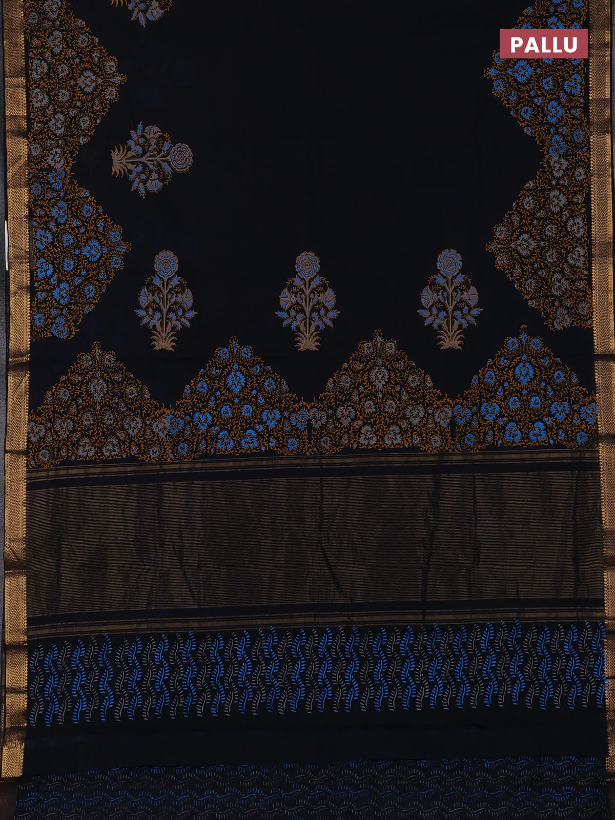 Mangalagiri cotton block printed saree black with butta prints and mangalgiri border - Image 3