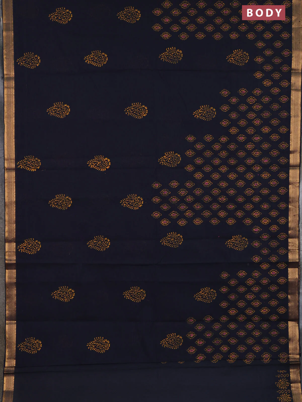 Mangalagiri cotton block printed saree black with butta prints and mangalgiri border - Image 2