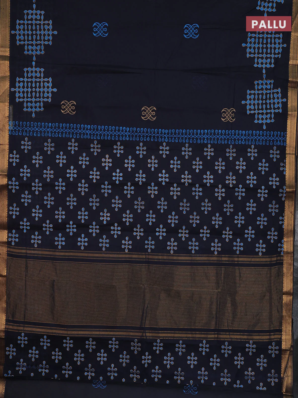 Mangalagiri cotton block printed saree black with rangoli butta prints and mangalgiri border - Image 3