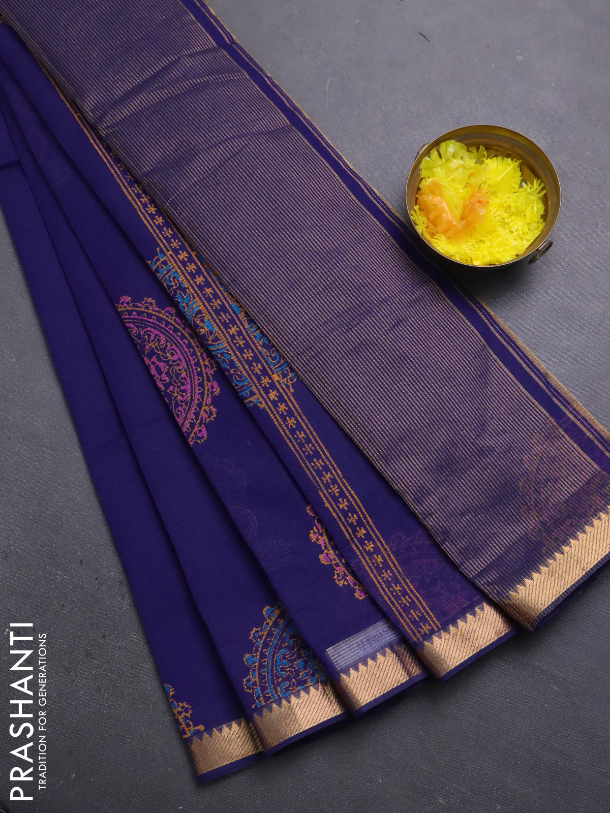 Mangalagiri cotton block printed saree blue with floral butta prints and mangalgiri border