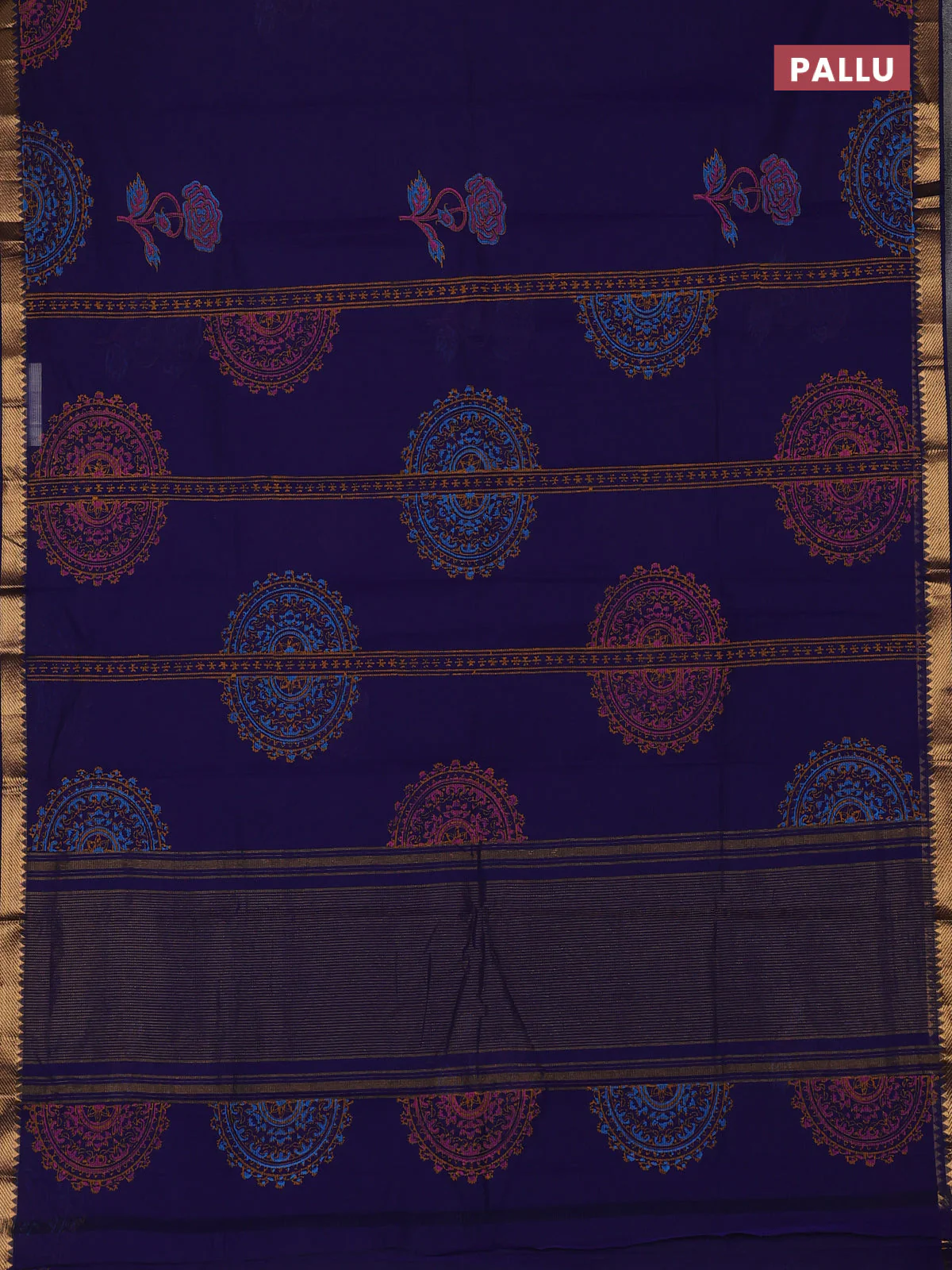 Mangalagiri cotton block printed saree blue with floral butta prints and mangalgiri border - Image 3