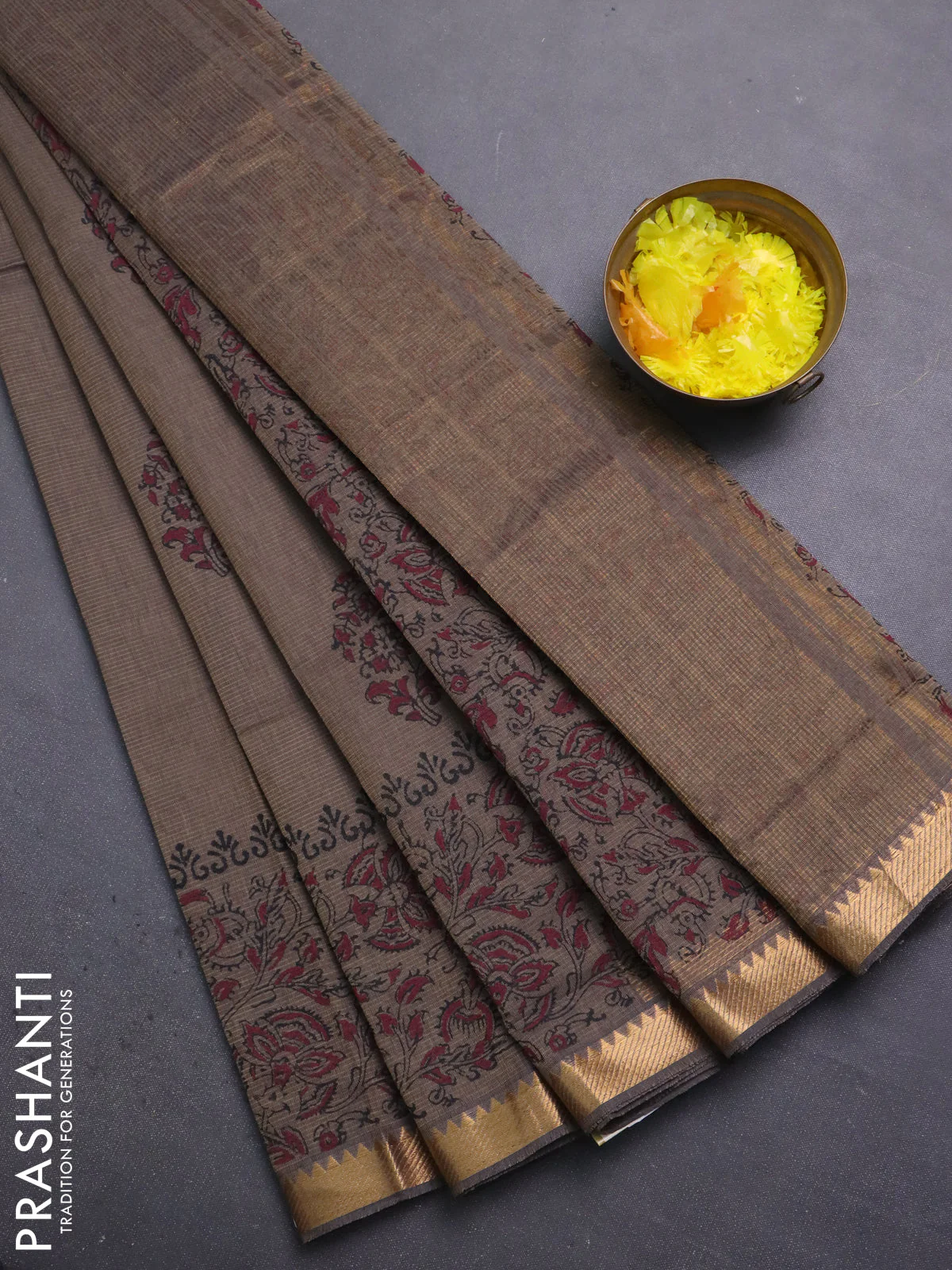 Mangalagiri cotton block printed saree chikku shade with butta prints and mangalgiri border
