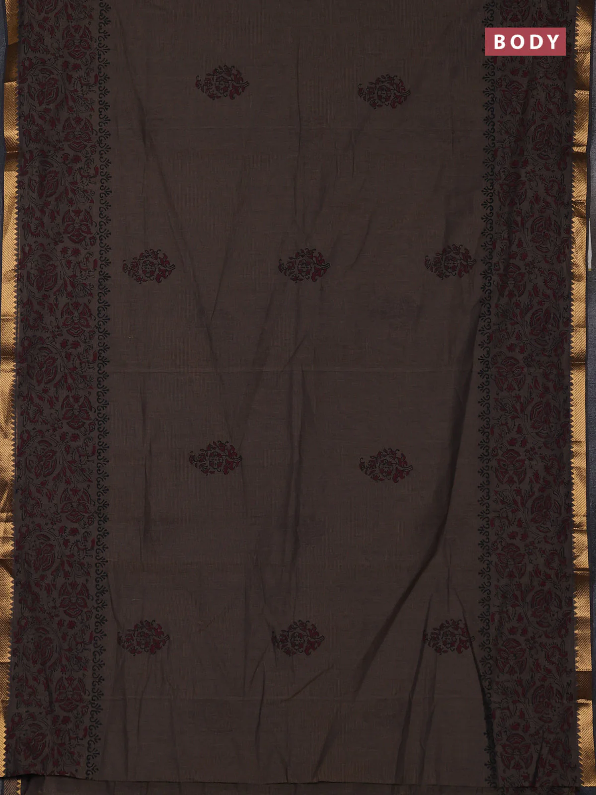 Mangalagiri cotton block printed saree chikku shade with butta prints and mangalgiri border - Image 2