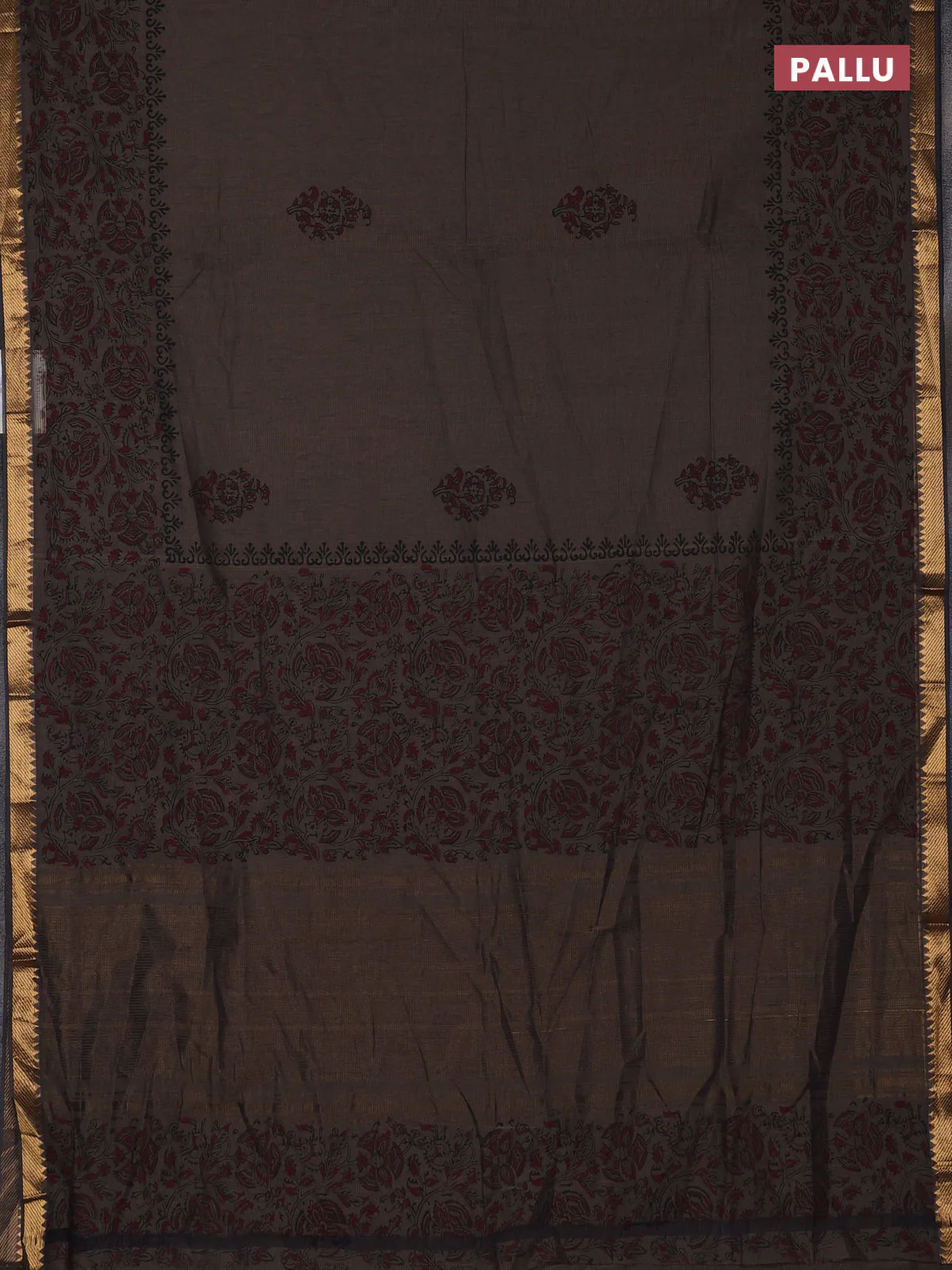Mangalagiri cotton block printed saree chikku shade with butta prints and mangalgiri border - Image 3
