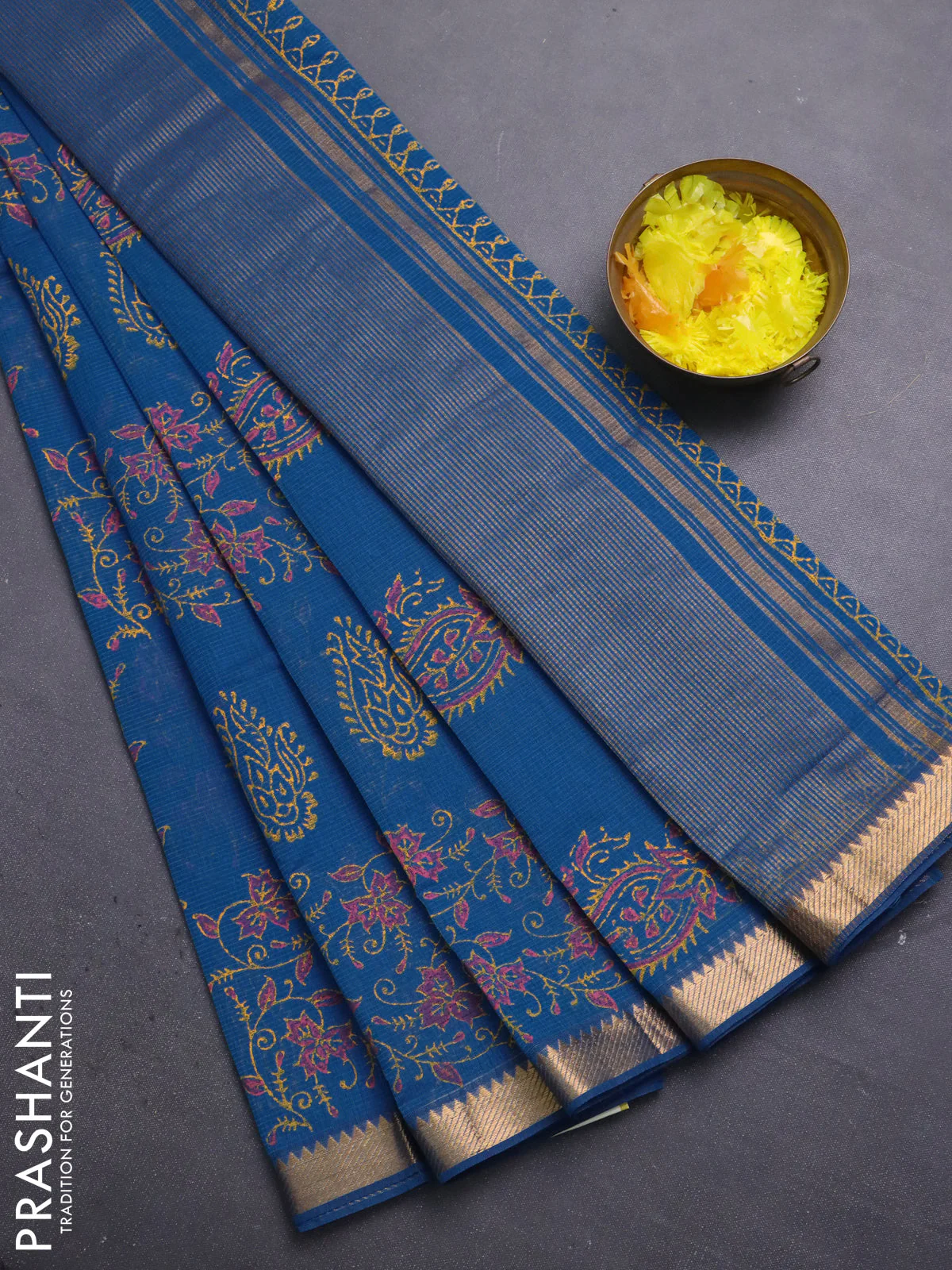 Mangalagiri cotton block printed saree cs blue with allover prints and mangalgiri border