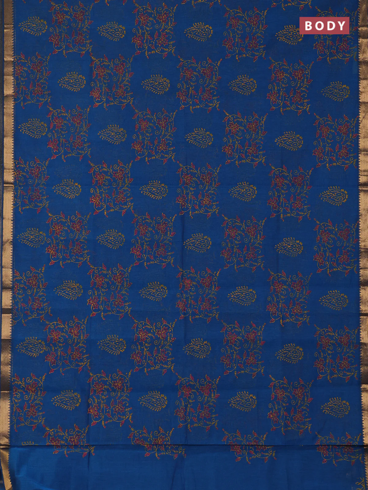 Mangalagiri cotton block printed saree cs blue with allover prints and mangalgiri border - Image 2