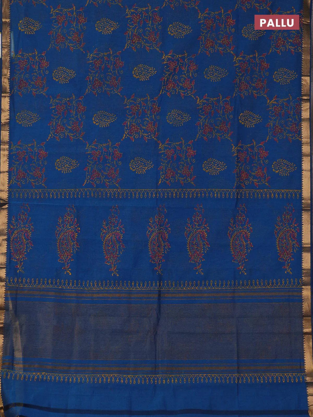 Mangalagiri cotton block printed saree cs blue with allover prints and mangalgiri border - Image 3