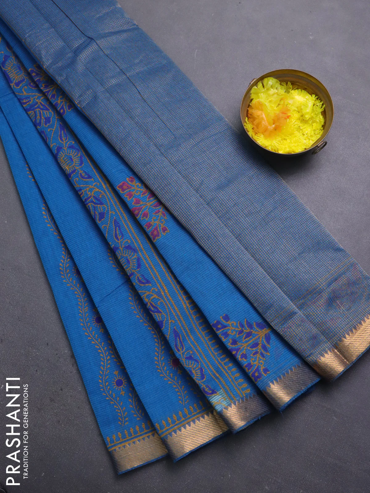 Mangalagiri cotton block printed saree cs blue with allover prints and mangalgiri border