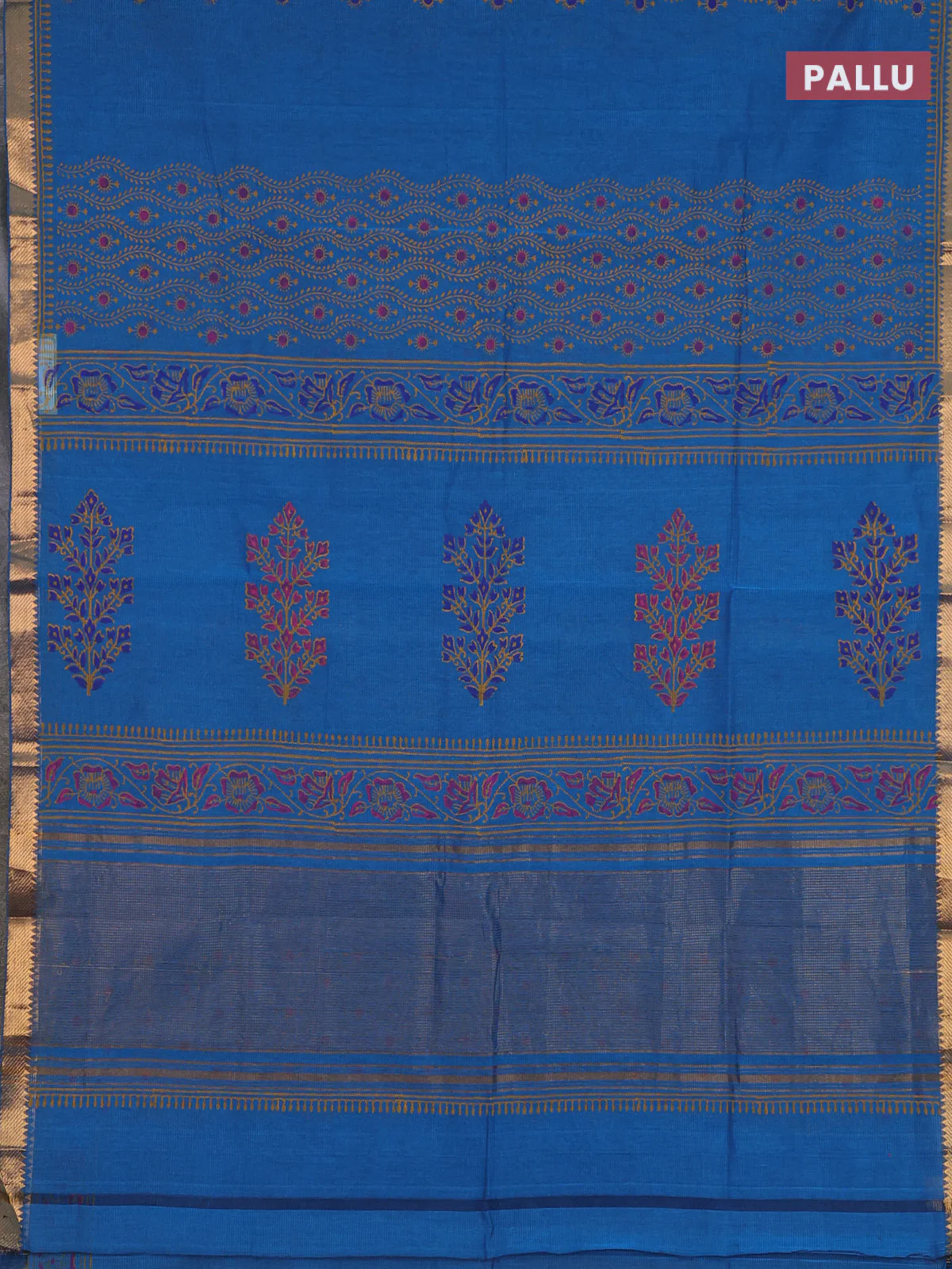 Mangalagiri cotton block printed saree cs blue with allover prints and mangalgiri border - Image 3
