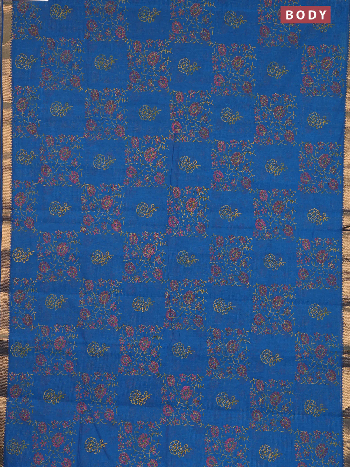 Mangalagiri cotton block printed saree cs blue with allover prints and mangalgiri border - Image 2