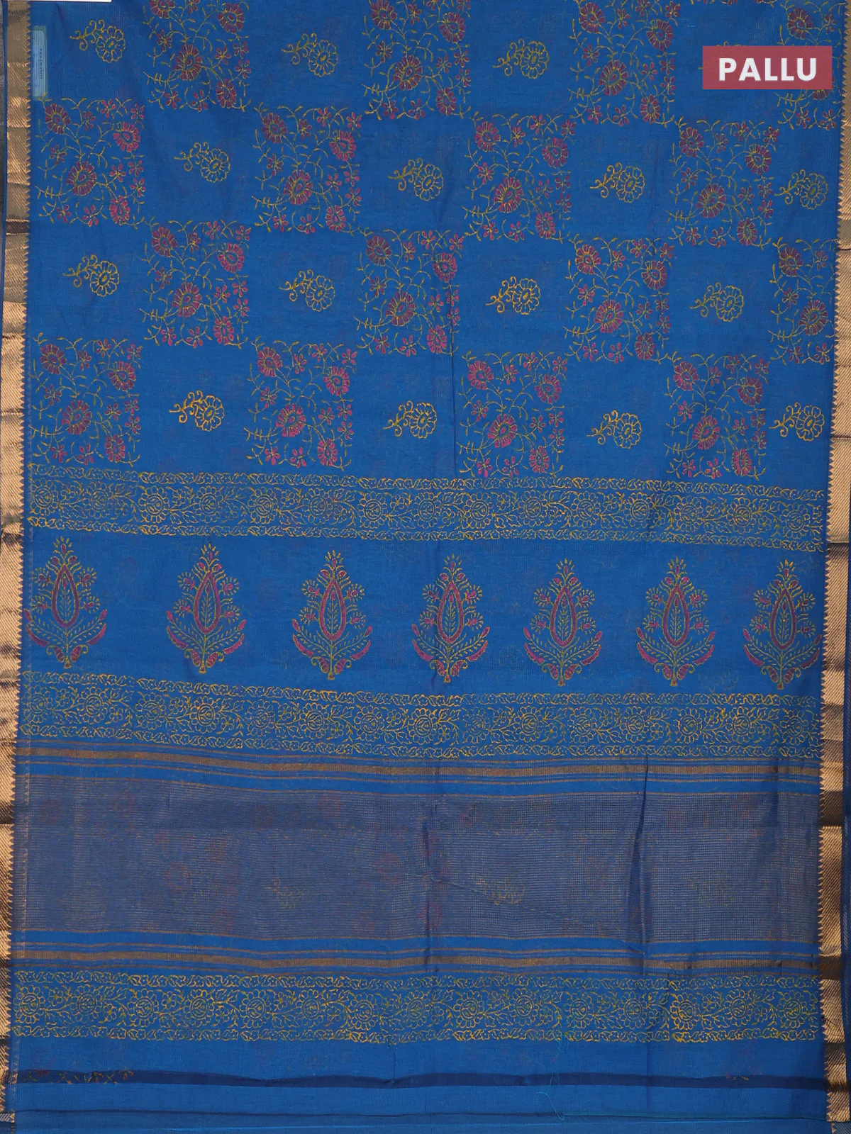 Mangalagiri cotton block printed saree cs blue with allover prints and mangalgiri border - Image 3