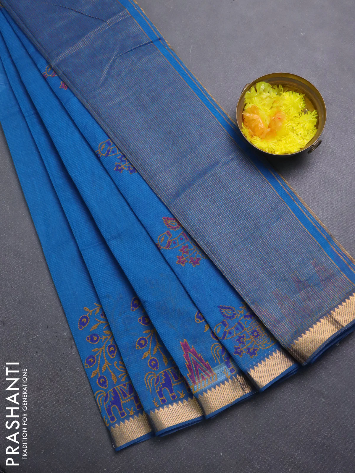 Mangalagiri cotton block printed saree cs blue with butta prints and mangalgiri border