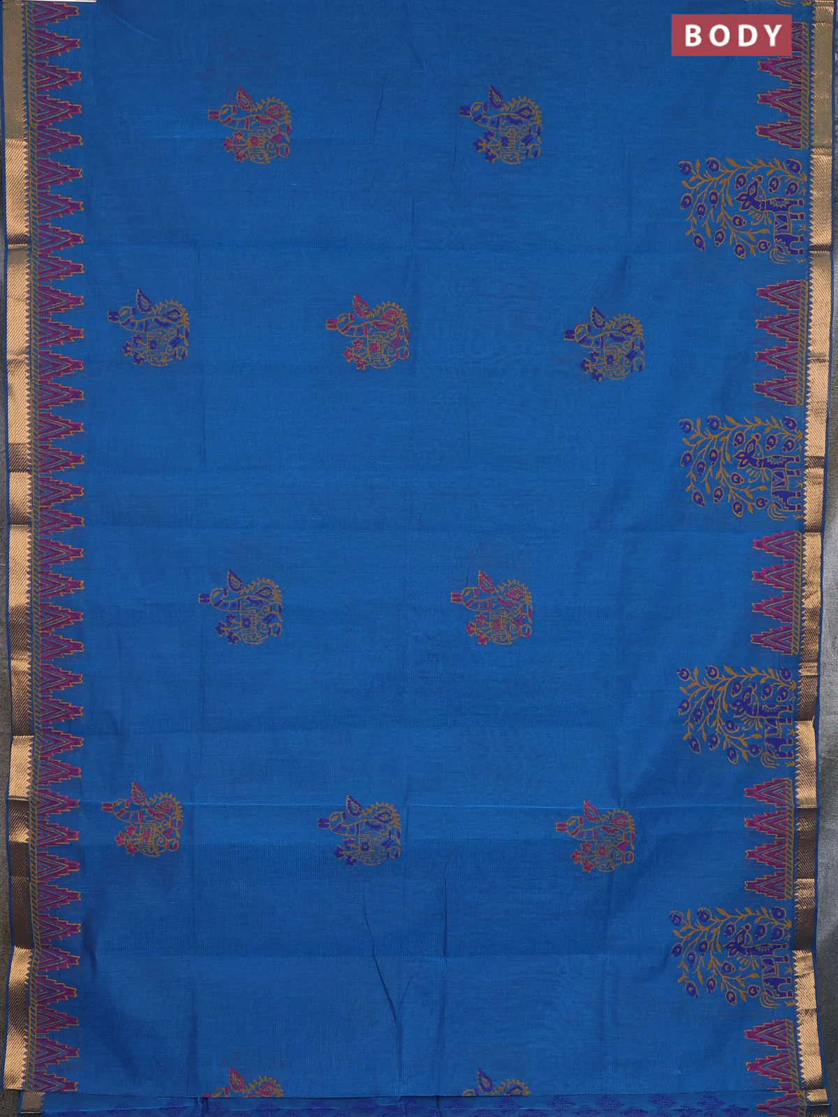 Mangalagiri cotton block printed saree cs blue with butta prints and mangalgiri border - Image 2