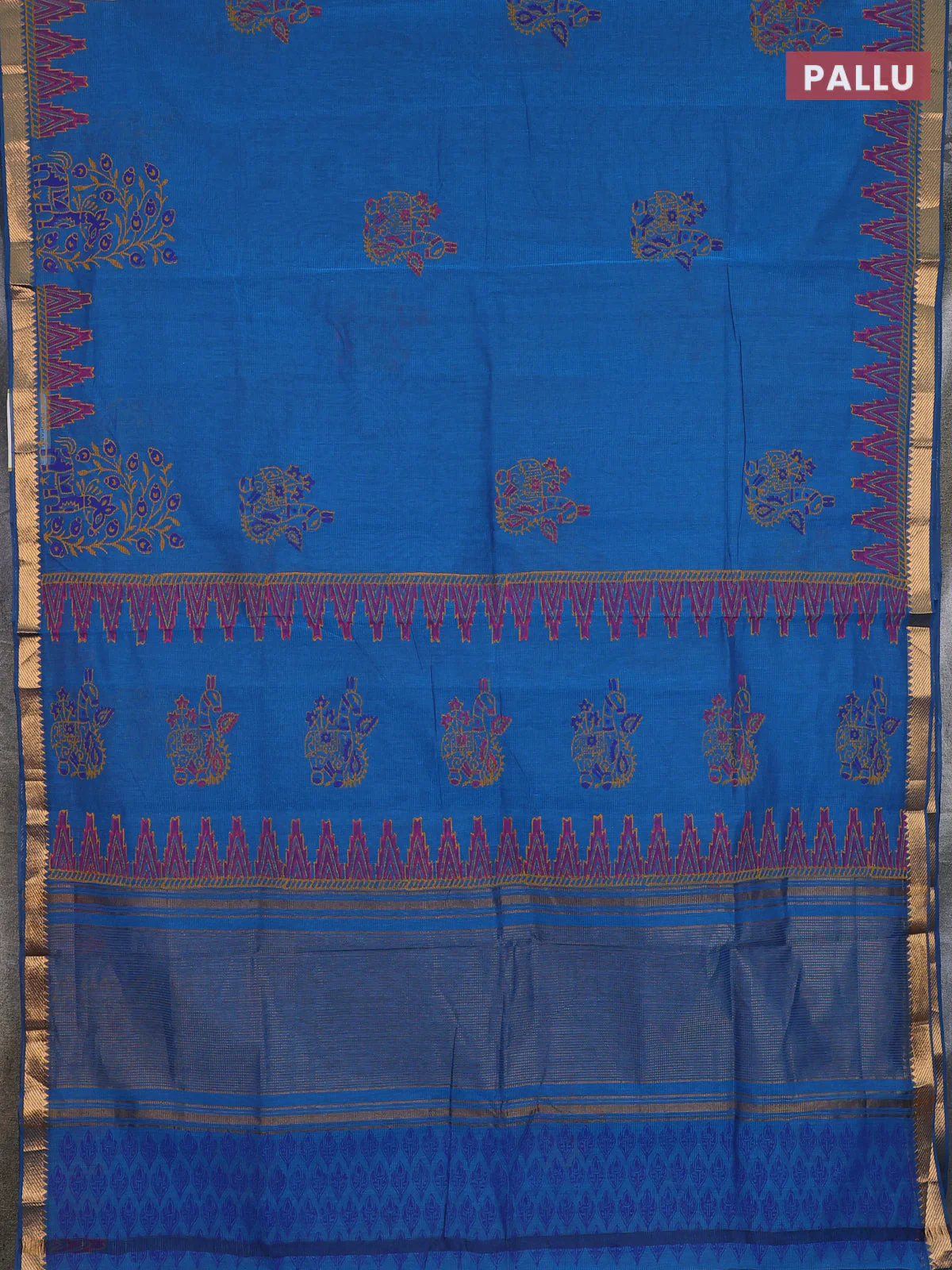 Mangalagiri cotton block printed saree cs blue with butta prints and mangalgiri border - Image 3
