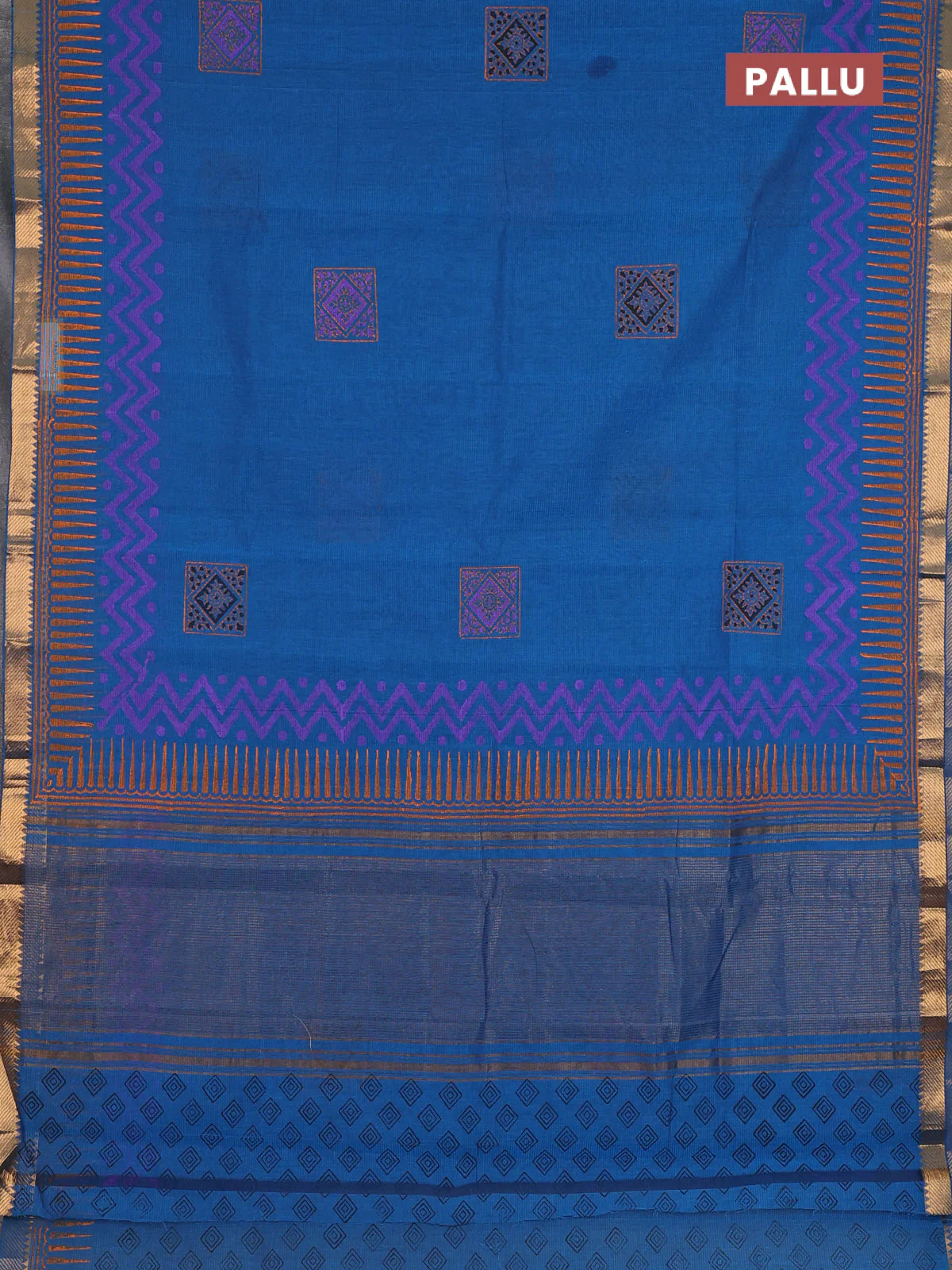 Mangalagiri cotton block printed saree cs blue with butta prints and mangalgiri border - Image 3