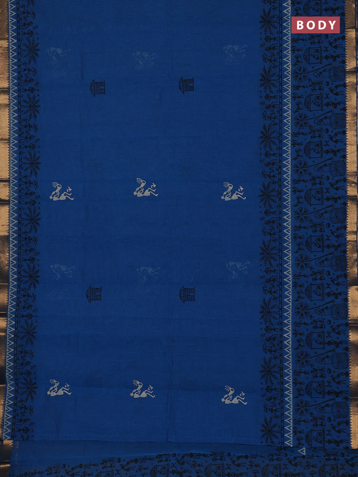 Mangalagiri cotton block printed saree cs blue with warli butta prints and mangalgiri border - Image 2