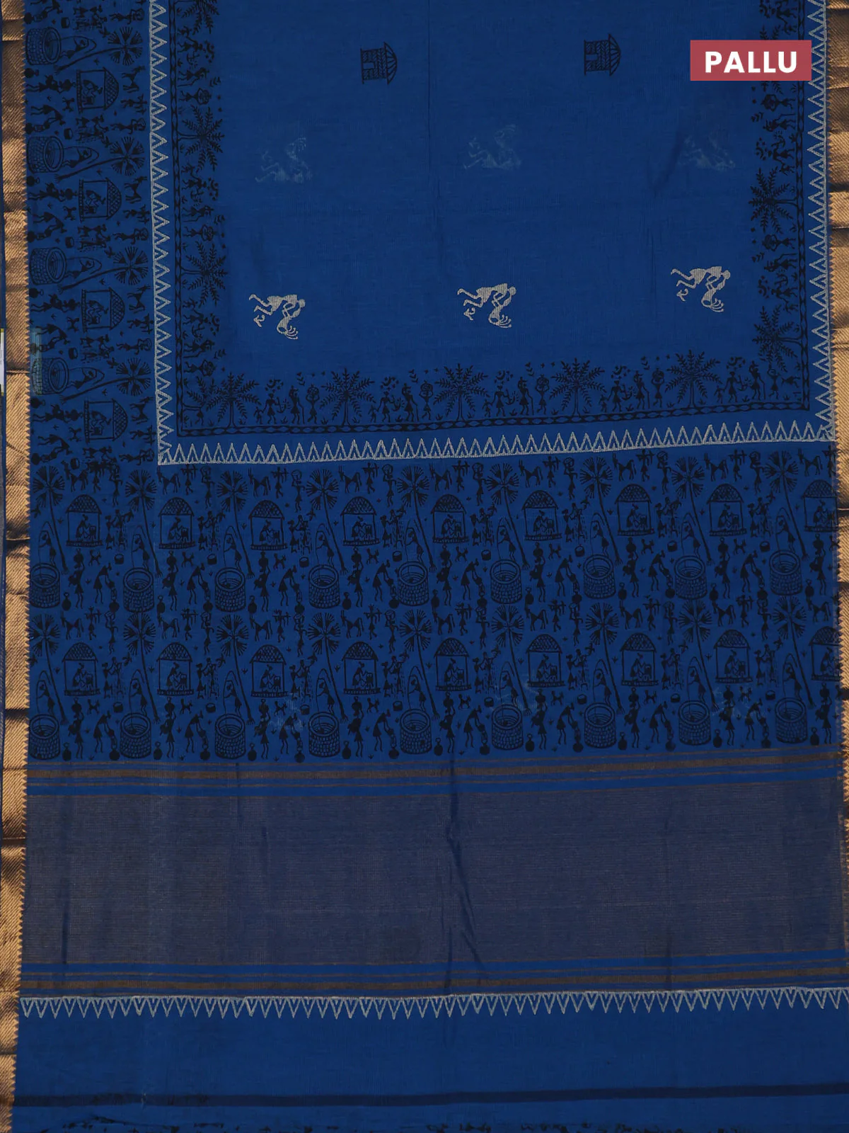 Mangalagiri cotton block printed saree cs blue with warli butta prints and mangalgiri border - Image 3