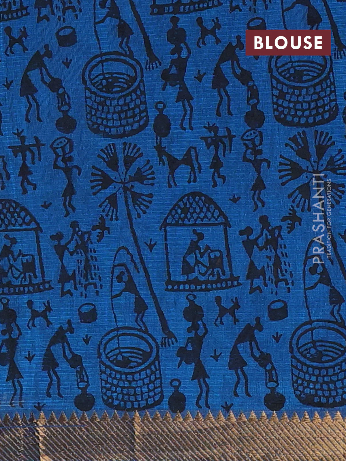 Mangalagiri cotton block printed saree cs blue with warli butta prints and mangalgiri border - Image 4