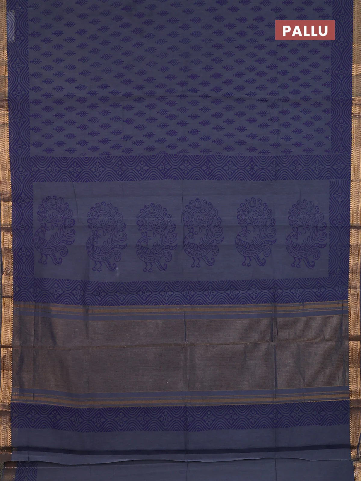 Mangalagiri cotton block printed saree dark grey with allover butta prints and mangalgiri border - Image 3