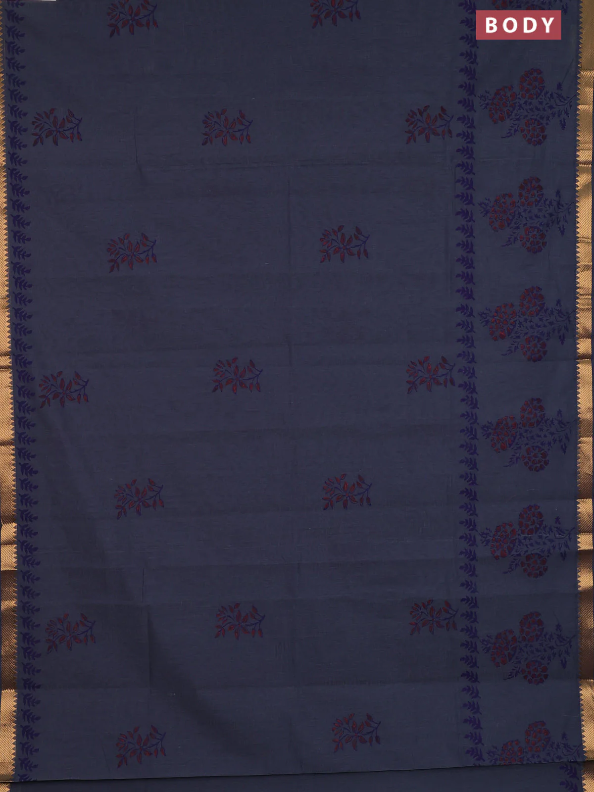 Mangalagiri cotton block printed saree dark grey with butta prints and mangalgiri border - Image 2
