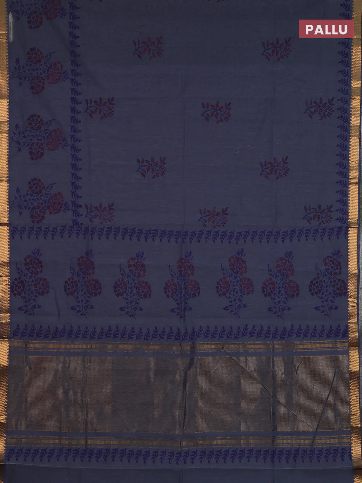 Mangalagiri cotton block printed saree dark grey with butta prints and mangalgiri border - Image 3