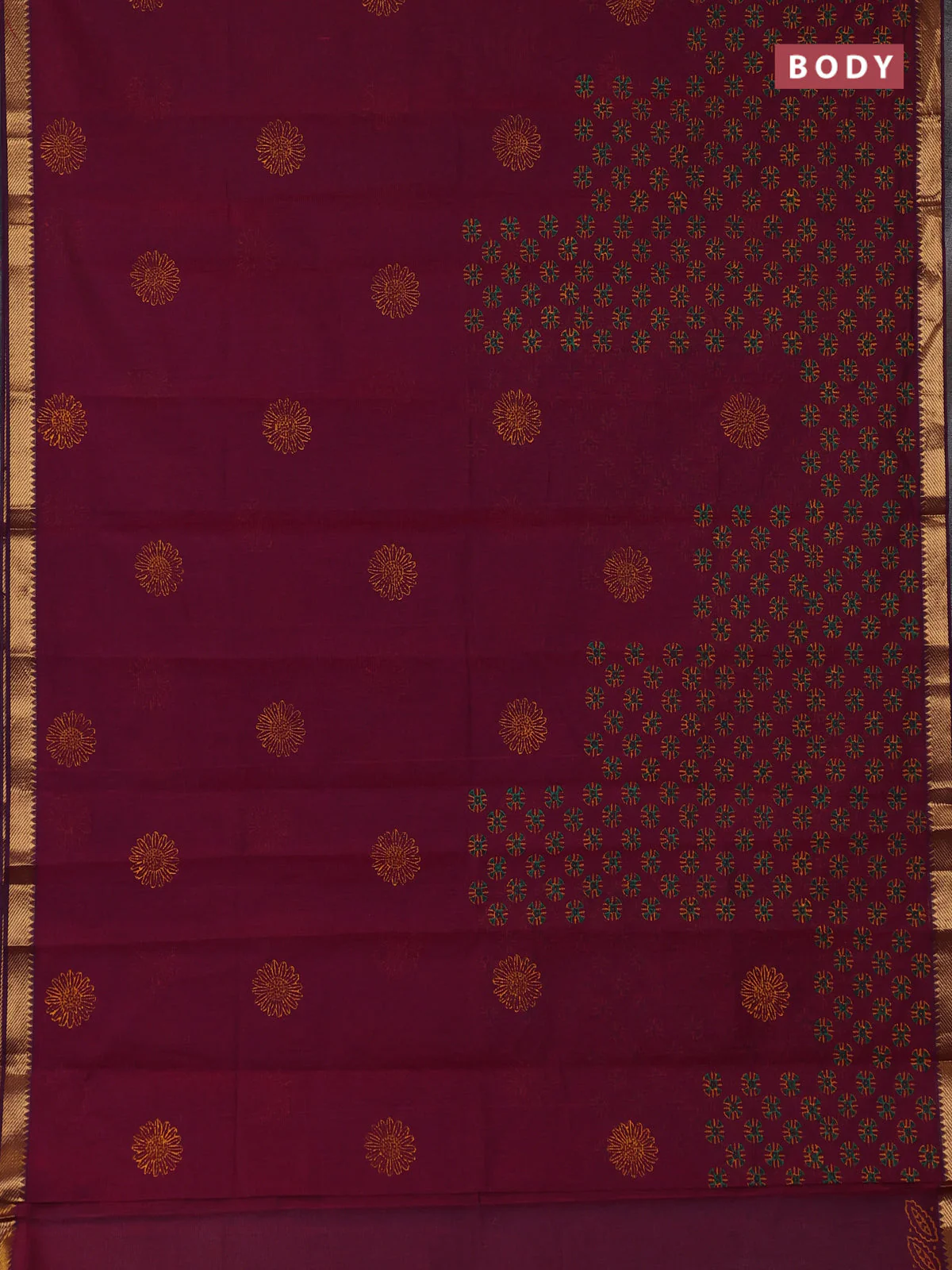 Mangalagiri cotton block printed saree dark magenta pink with allover prints and mangalgiri border - Image 2