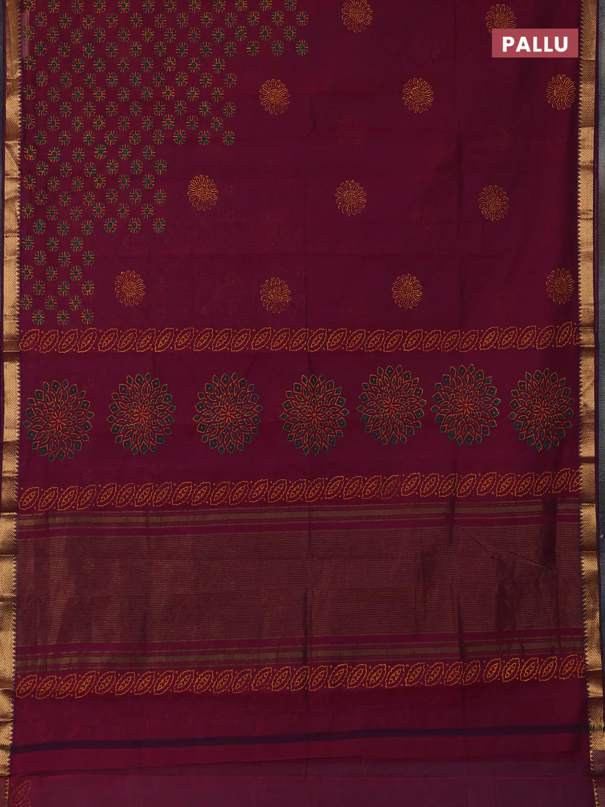 Mangalagiri cotton block printed saree dark magenta pink with allover prints and mangalgiri border - Image 3