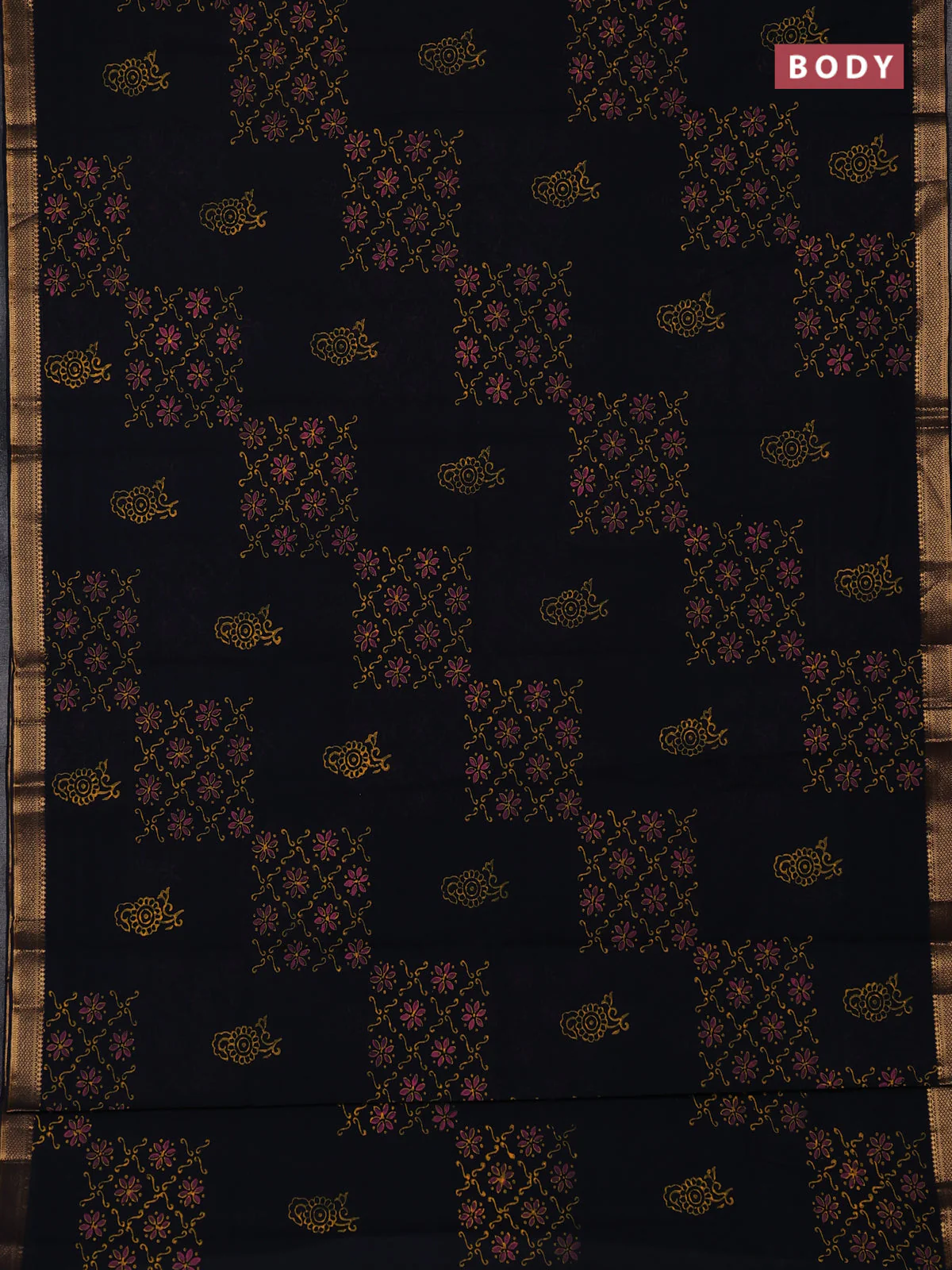 Mangalagiri cotton block printed saree deep navy blue with allover prints and mangalgiri border - Image 2
