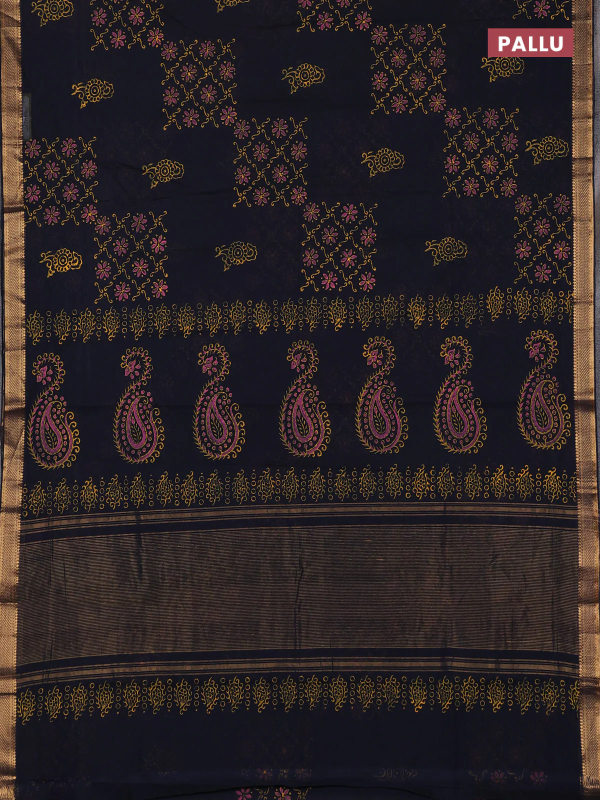 Mangalagiri cotton block printed saree deep navy blue with allover prints and mangalgiri border - Image 3