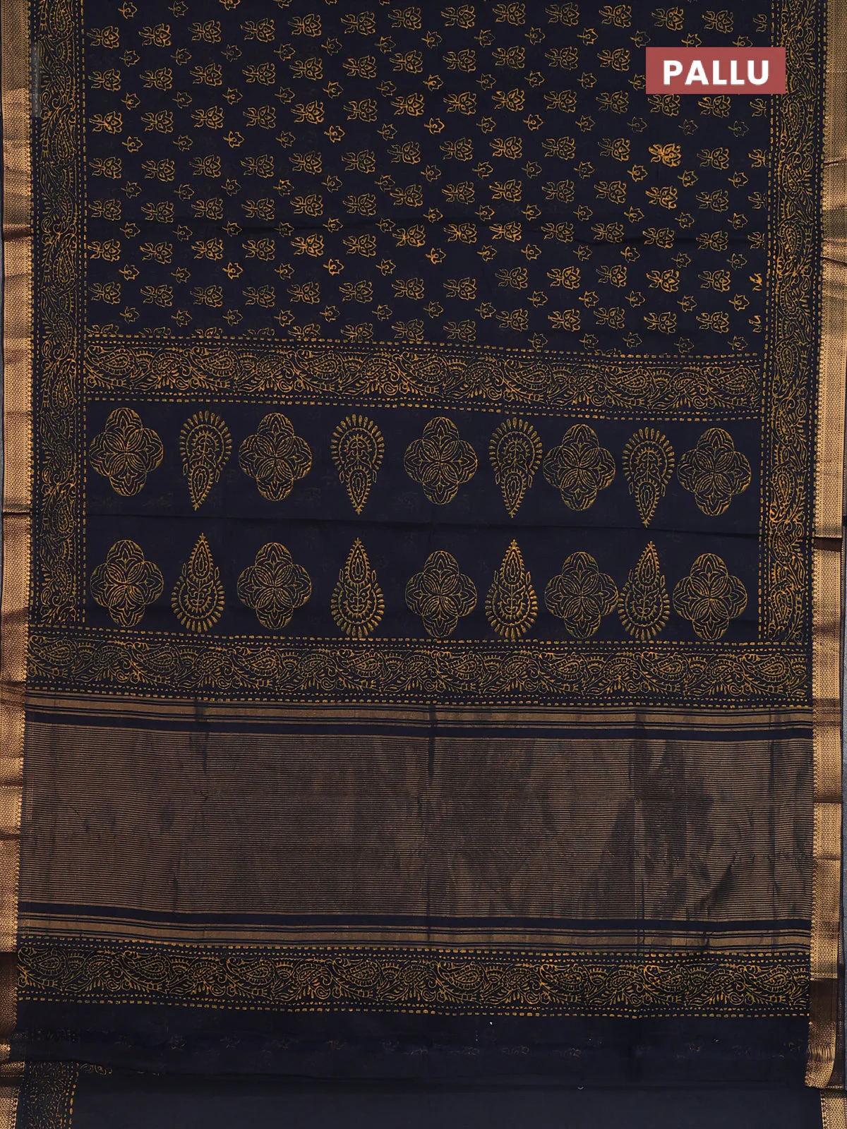 Mangalagiri cotton block printed saree elephant grey with allover butta prints and mangalgiri border - Image 3