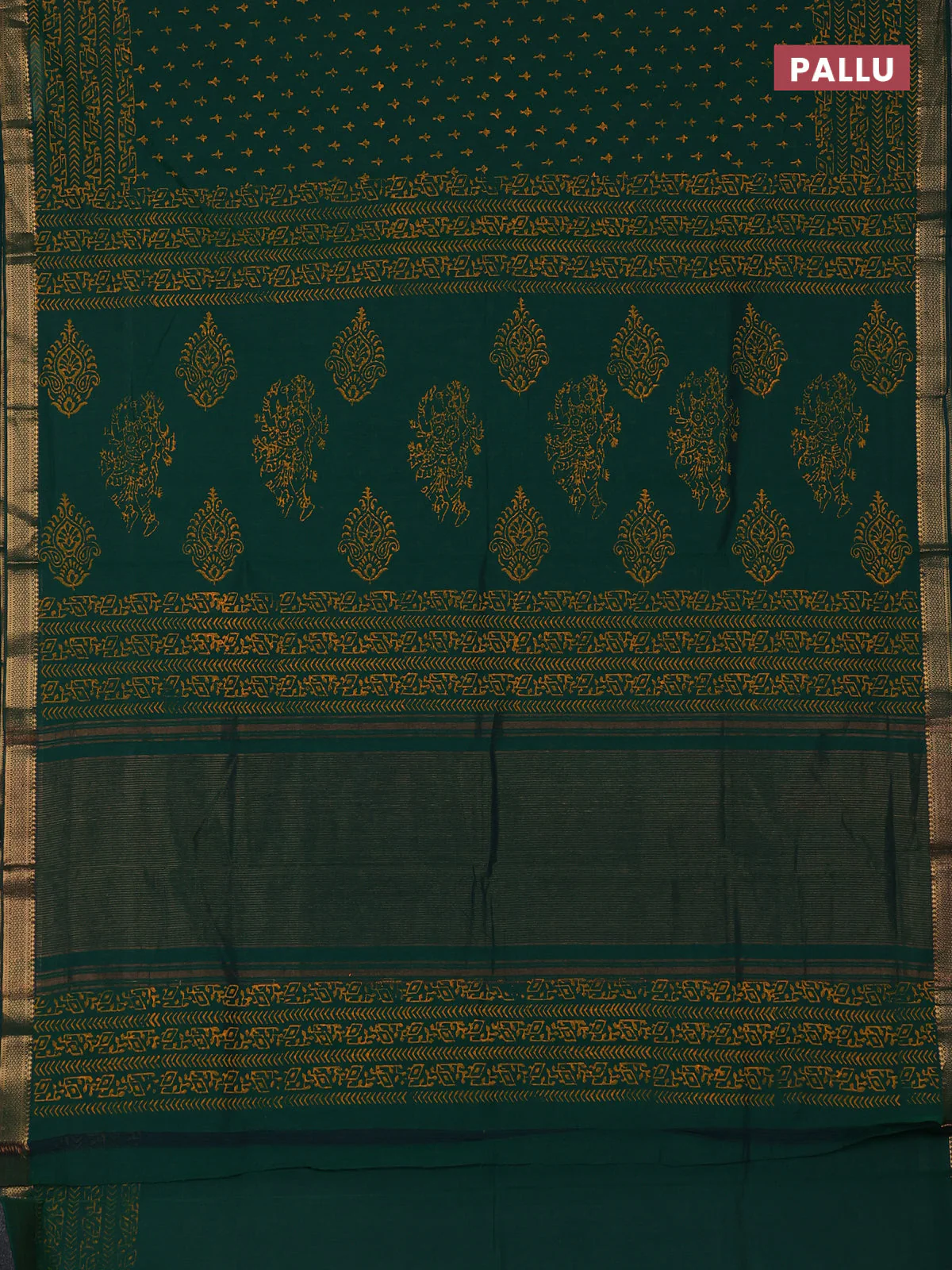 Mangalagiri cotton block printed saree green with allover butta prints and mangalgiri border - Image 3