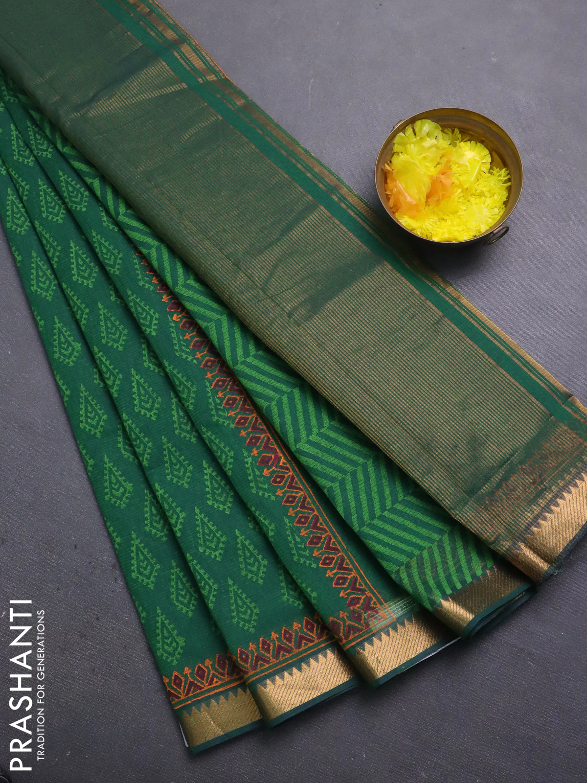 Mangalagiri cotton block printed saree green with allover butta prints and mangalgiri border