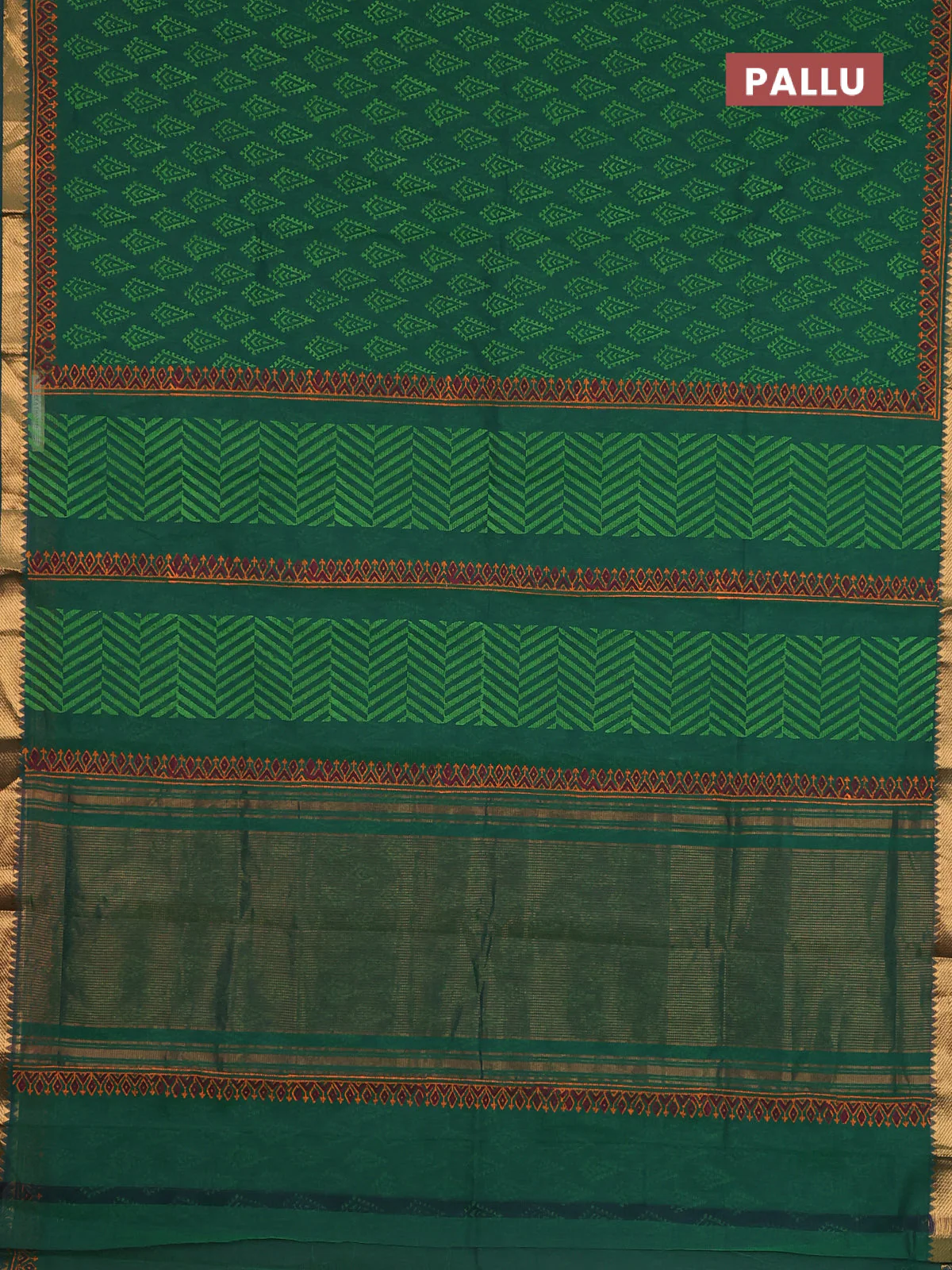 Mangalagiri cotton block printed saree green with allover butta prints and mangalgiri border - Image 3