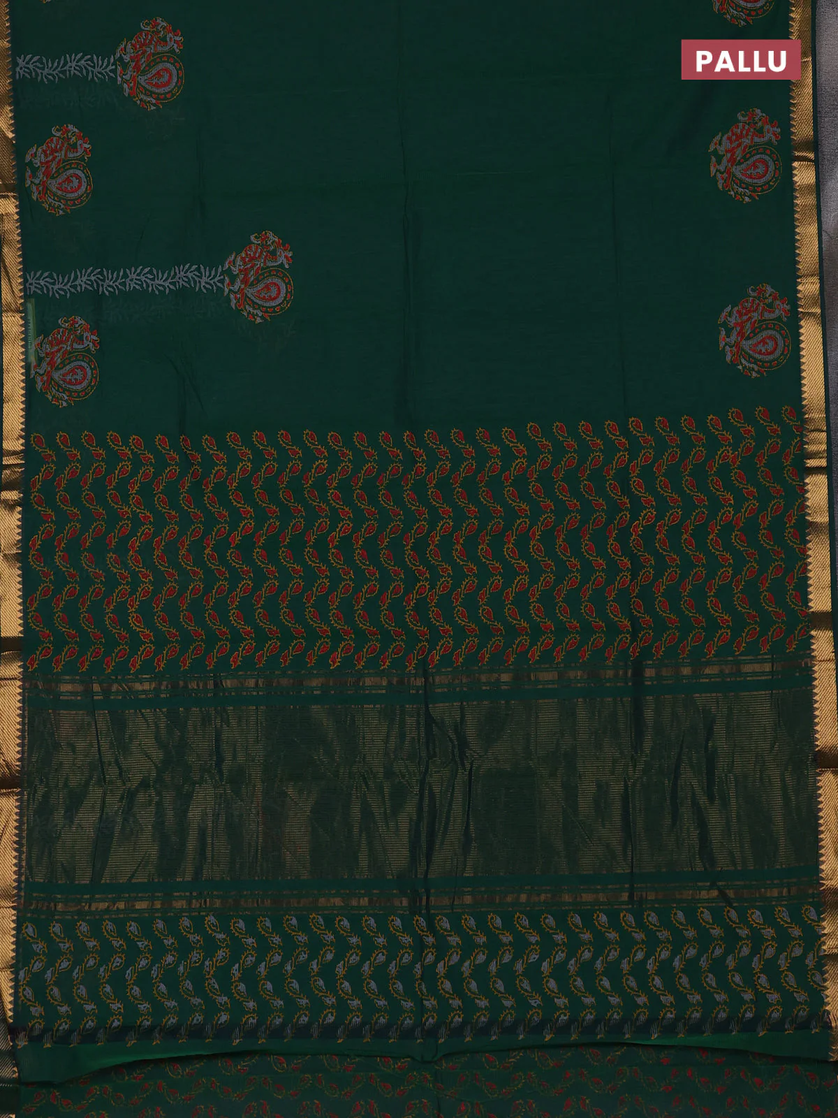 Mangalagiri cotton block printed saree green with annam butta prints and mangalgiri border - Image 3