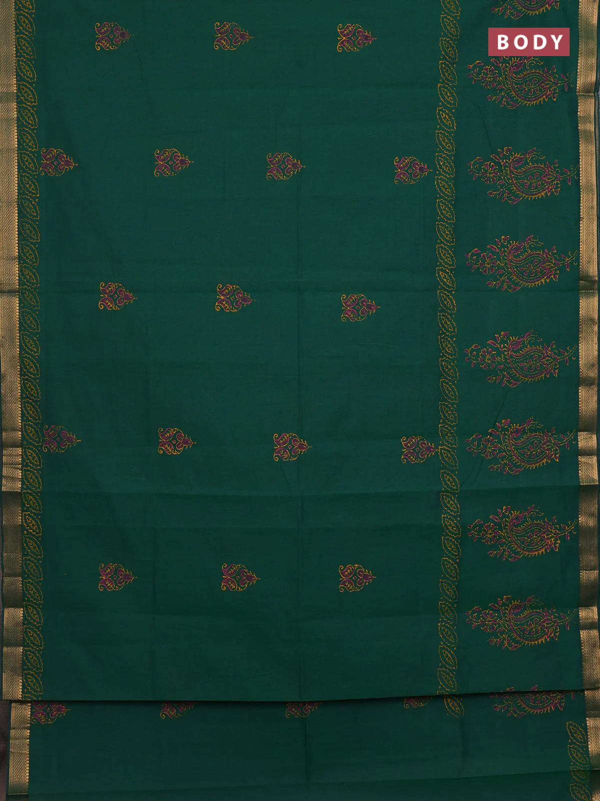 Mangalagiri cotton block printed saree green with butta prints and mangalgiri border - Image 2