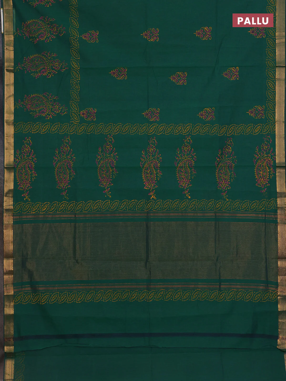 Mangalagiri cotton block printed saree green with butta prints and mangalgiri border - Image 3