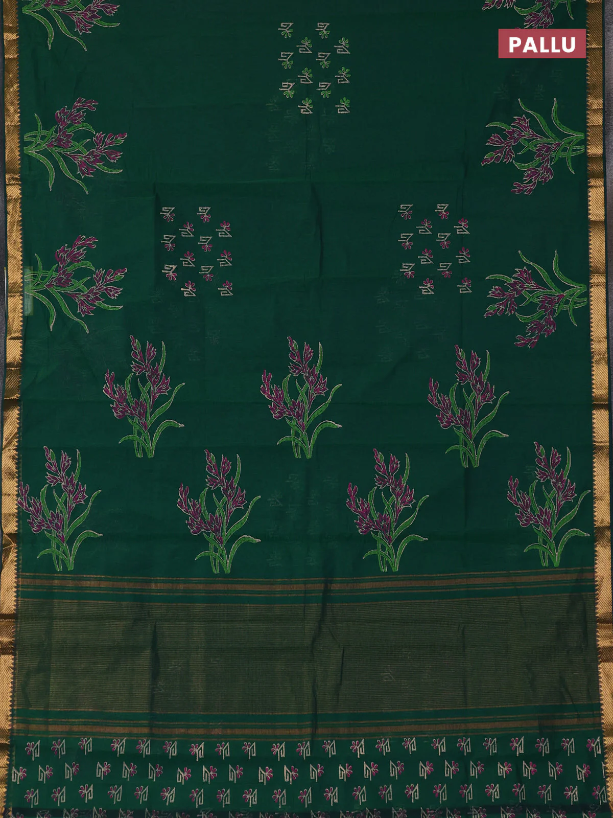 Mangalagiri cotton block printed saree green with butta prints and mangalgiri border - Image 3