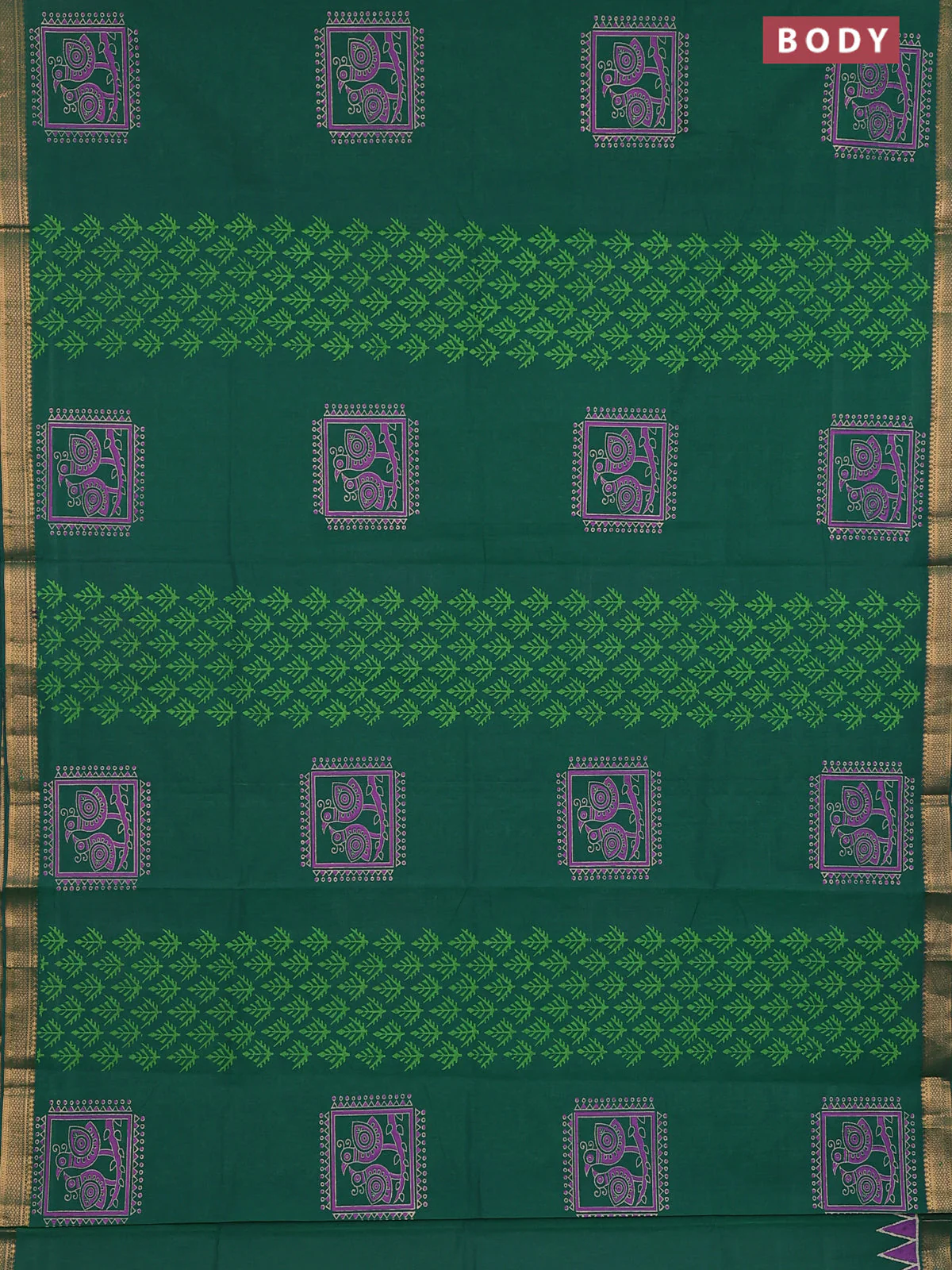 Mangalagiri cotton block printed saree green with butta prints and mangalgiri border - Image 2